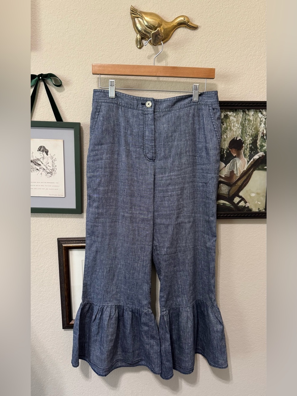 ett:twa | by Anthropology Blue Chambray Ruffle-Hem Wide Leg Pants Size 4